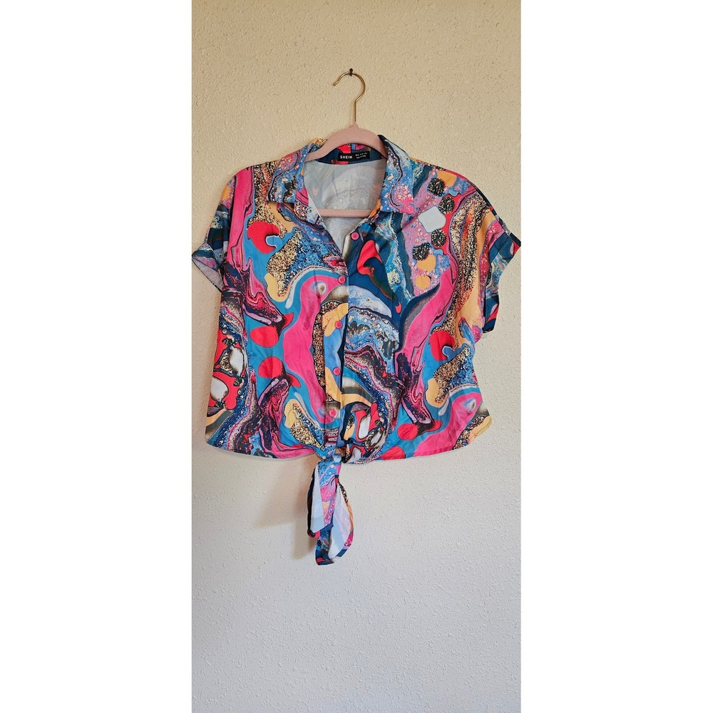 SHEIN Womens Abstract Marble Print Tie Front Button Down Crop Top Pink Blue M